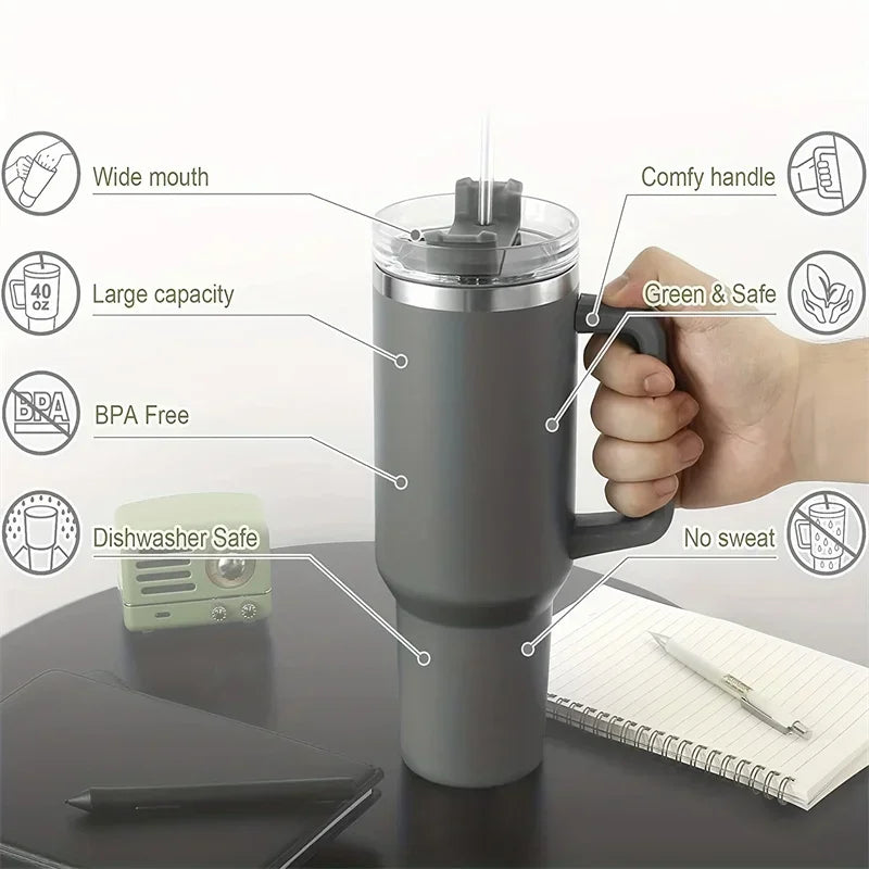 Botella de Agua Aislada de Acero Inoxidable 304 de 1200ml, Taza Térmica de Café, Vasos de Vacío con Asa y Pajilla, Para Deporte