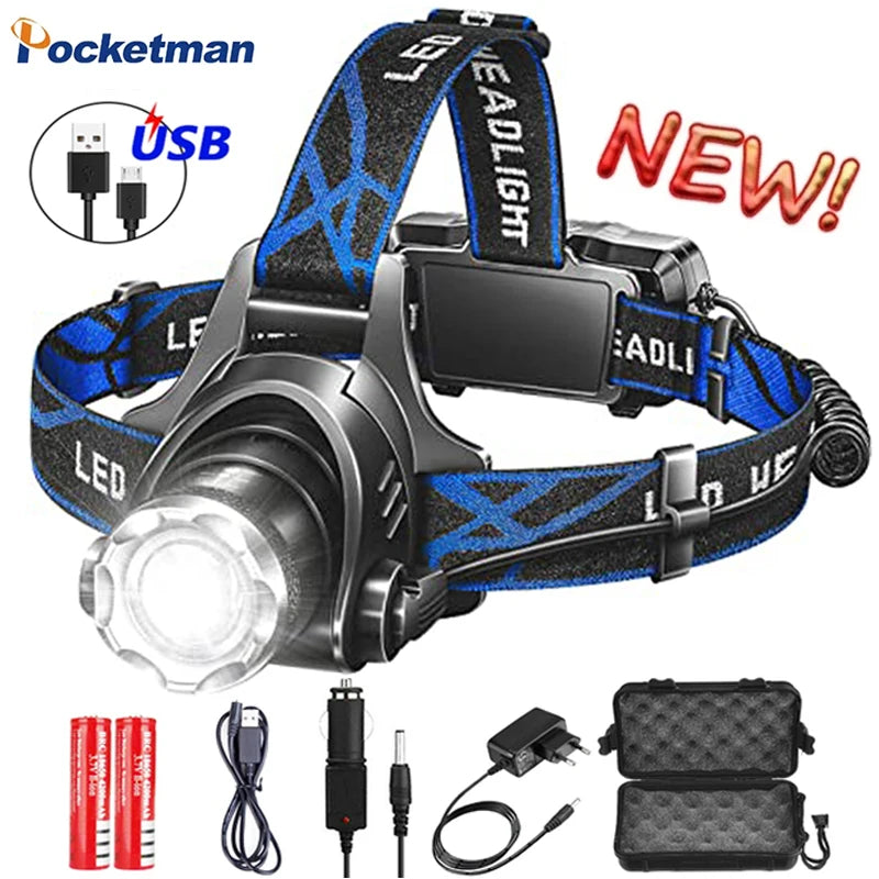 Zoomable LED Headlamp | Rechargeable Waterproof Headlight for Camping & Hiking