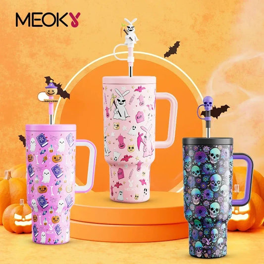 Gobelet isotherme Halloween Meoky de 40 oz avec paille – Tasse à café portable en acier inoxydable anti-fuite, antidérapante pour voiture