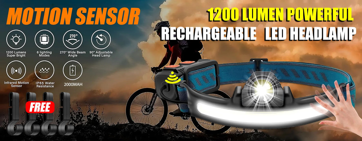 Linterna Frontal LED con Sensor Recargable USB | Faro XPE+COB para Camping y Pesca