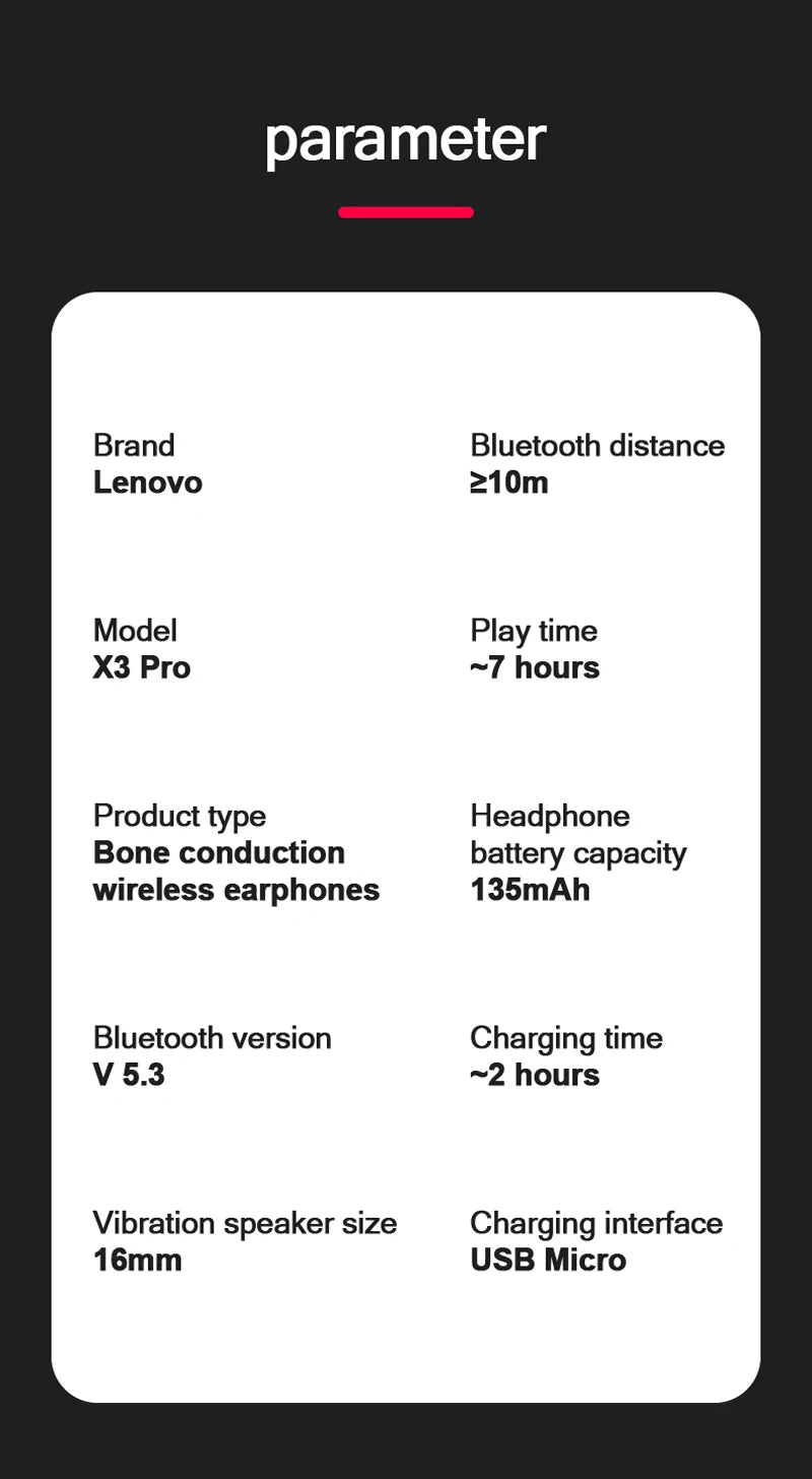 Casque à conduction osseuse Lenovo X3 Pro d'origine - Écouteurs de sport sans fil Bluetooth 5.3, étanches avec micro